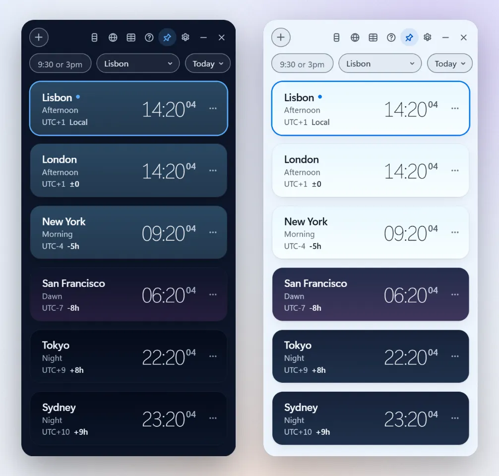 The vertical layout in the dark and light themes, side by side: Lisbon, London, New York, San Francisco, Tokyo and Sydney stacked in narrow windows.